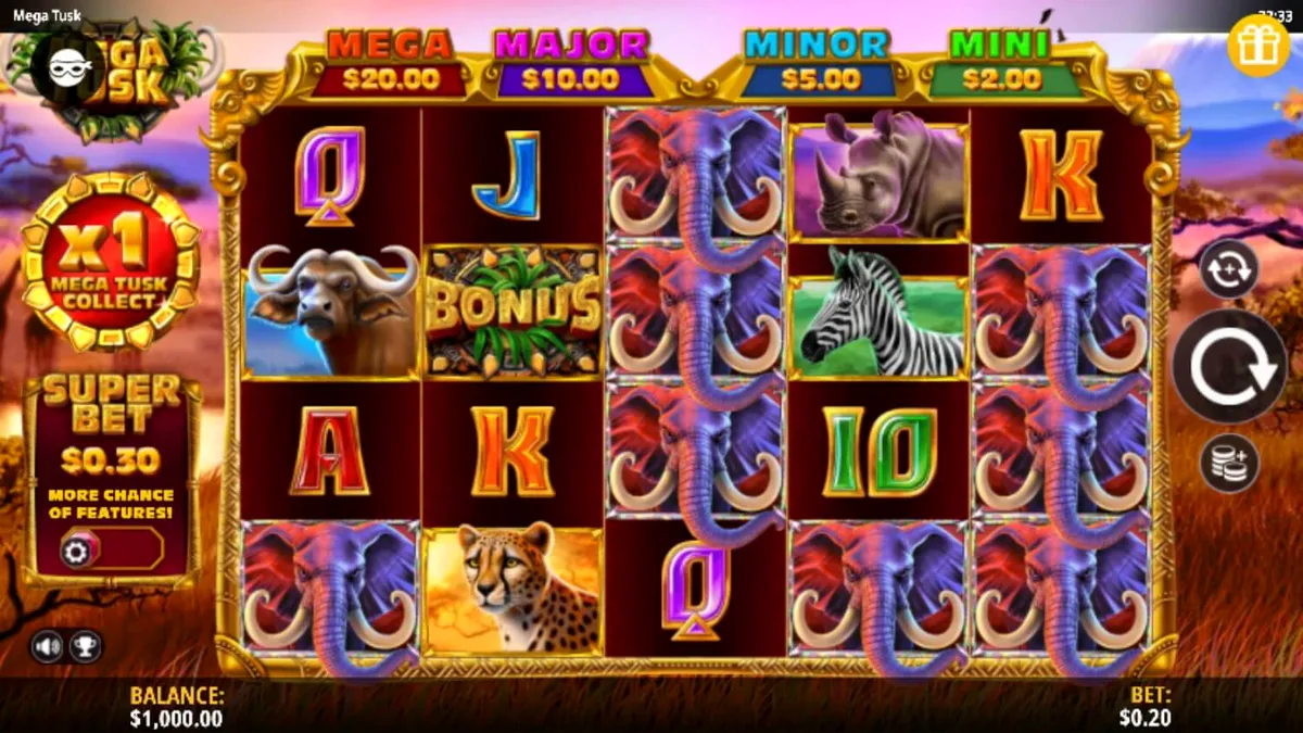 Pemandangan sabana Afrika yang indah di slot Mega Tusk