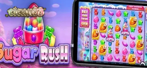 Tampilan antarmuka permainan slot Sugar Rush dengan grid 7x7 yang penuh warna