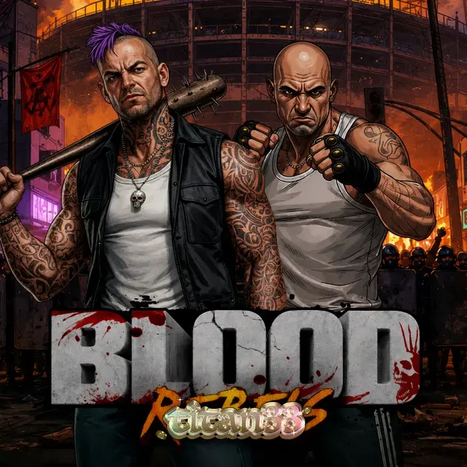 Tampilan visual slot Blood Rebels dengan suasana pemberontakan jalanan yang gelap dan penuh aksi.